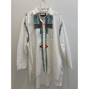 Vintage Collection‎ White Southwestern Embroidered High Low Button Down Shirt M